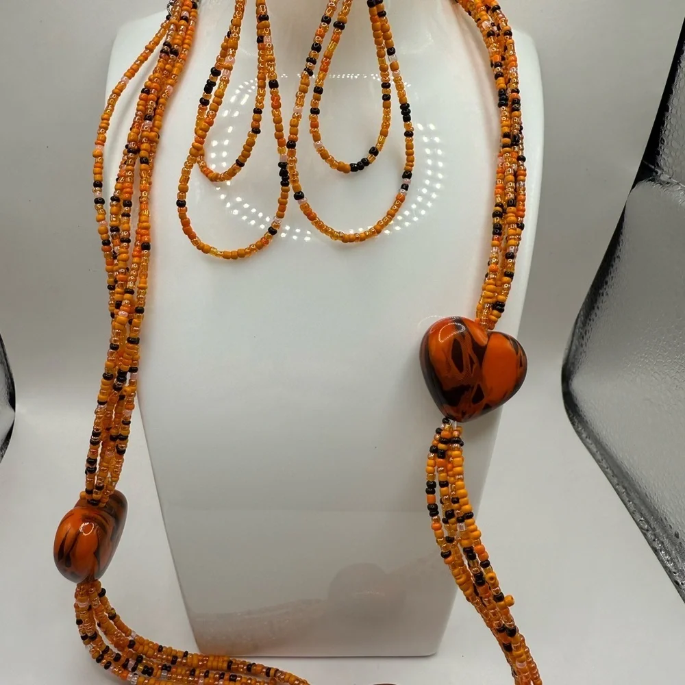 Orange & Black Beaded Necklace with Hearts & matching Earrings lot (2)